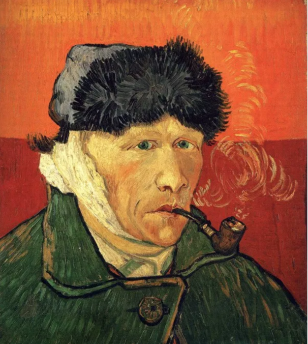 picture of man wearing a dark fur lined hat, green coat and smoking a pipe. Top background is orange, bottom is red