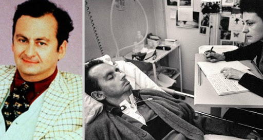 two pictures. On left coloured picture of man wearing burgundy short and checkered blazer. On right black and whote picture of man lying in hospital baed. Sittimng besdie him is a woman with pen and paper in hand.