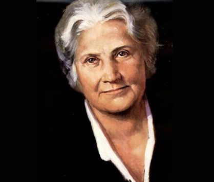 head and shoulder painting of Maria Montessori looking directly at viewer. She has greay hair and is waering dark jacket with white blouse