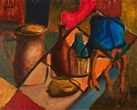 Painting of a water jug and two bottles. Earth tones are interspersed with red, green and blue colours.