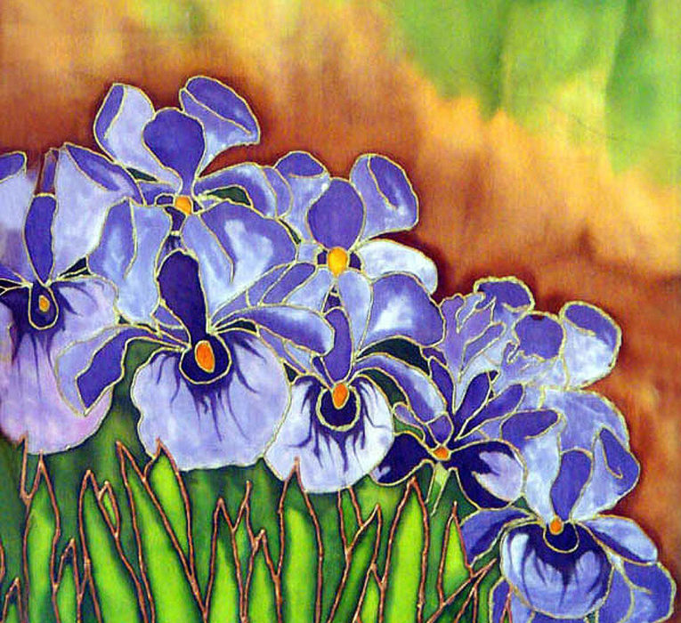 purple irises against a red-orange and green background