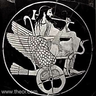 Hephaestus returns to Olympus from his exile on the shores of the river Oceanus riding a winged chariot-car or chair. The chair is decorated with the heads, wings and tail of a crane. The god carries a double-headed smith's mallet.