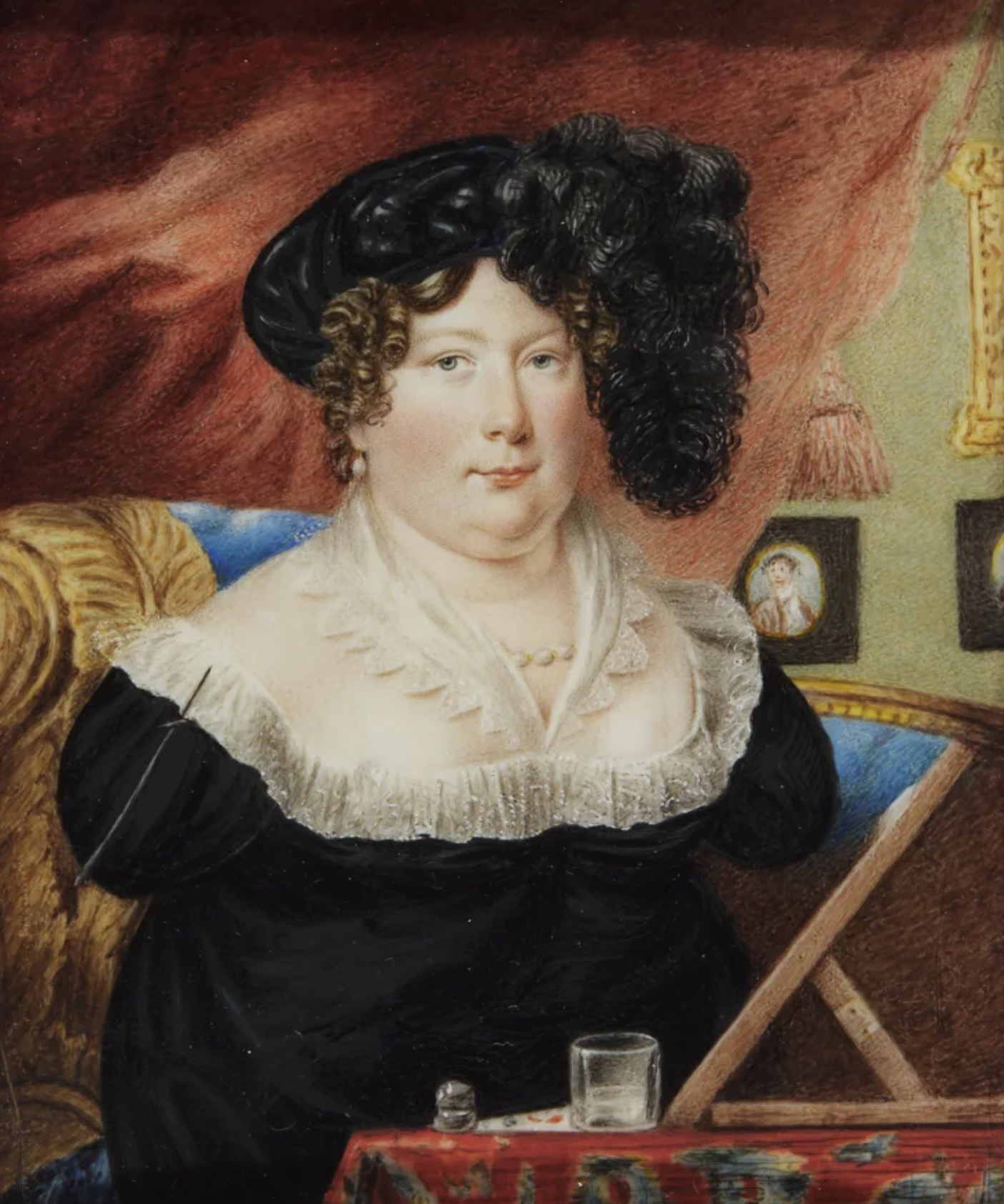 Self portrait of Sarah Biffen wearing a black dress with a collar of white ruffles.